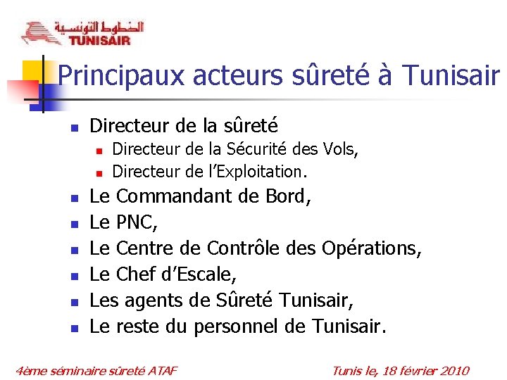 Principaux acteurs sûreté à Tunisair n Directeur de la sûreté n n n n
