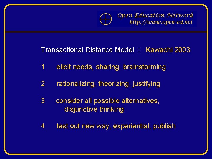 Transactional Distance Model : Kawachi 2003 1 elicit needs, sharing, brainstorming 2 rationalizing, theorizing,