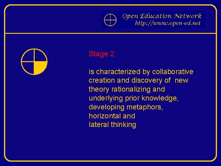 Stage 2 is characterized by collaborative creation and discovery of new theory rationalizing and