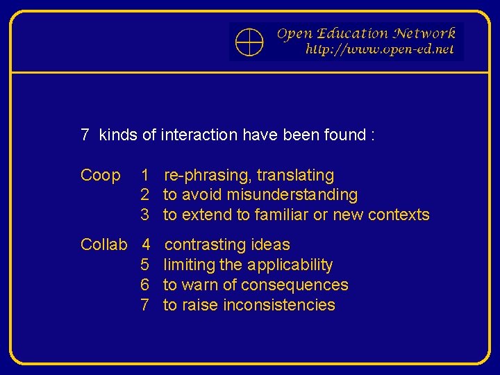 7 kinds of interaction have been found : Coop 1 re-phrasing, translating 2 to