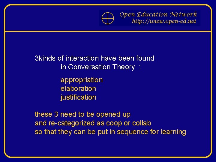 3 kinds of interaction have been found in Conversation Theory : appropriation elaboration justification