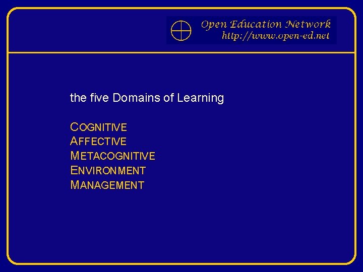 the five Domains of Learning COGNITIVE AFFECTIVE METACOGNITIVE ENVIRONMENT MANAGEMENT 