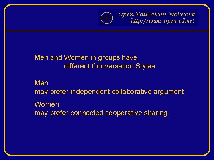 Men and Women in groups have different Conversation Styles Men may prefer independent collaborative