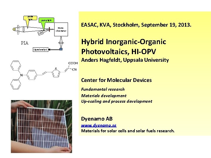 probe light pump light LED PIA Signal analysis Monochromator EASAC, KVA, Stockholm, September 19,