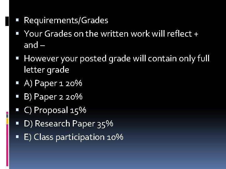  Requirements/Grades Your Grades on the written work will reflect + and – However