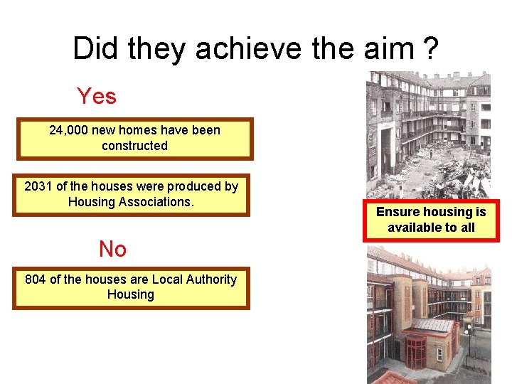 Did they achieve the aim ? Yes 24, 000 new homes have been constructed