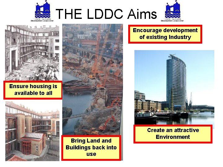 THE LDDC Aims Encourage development of existing Industry Ensure housing is available to all
