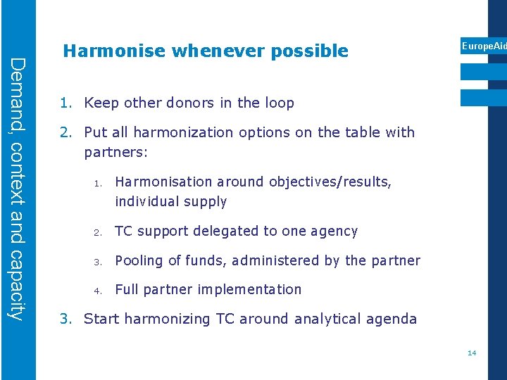 Demand, context and capacity Harmonise whenever possible Europe. Aid 1. Keep other donors in