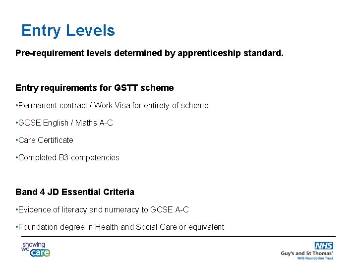 Entry Levels Pre-requirement levels determined by apprenticeship standard. Entry requirements for GSTT scheme •