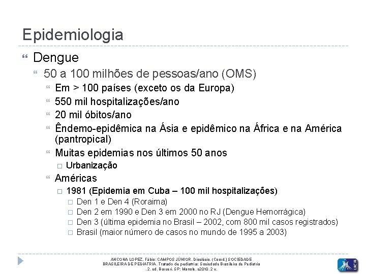 Epidemiologia Dengue 50 a 100 milhões de pessoas/ano (OMS) Em > 100 países (exceto