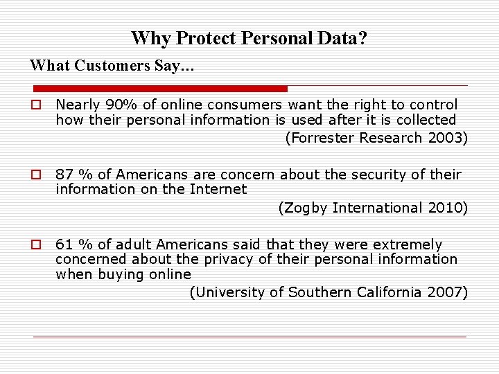Why Protect Personal Data? What Customers Say… o Nearly 90% of online consumers want Why Protect Personal Data? What Customers Say… o Nearly 90% of online consumers want