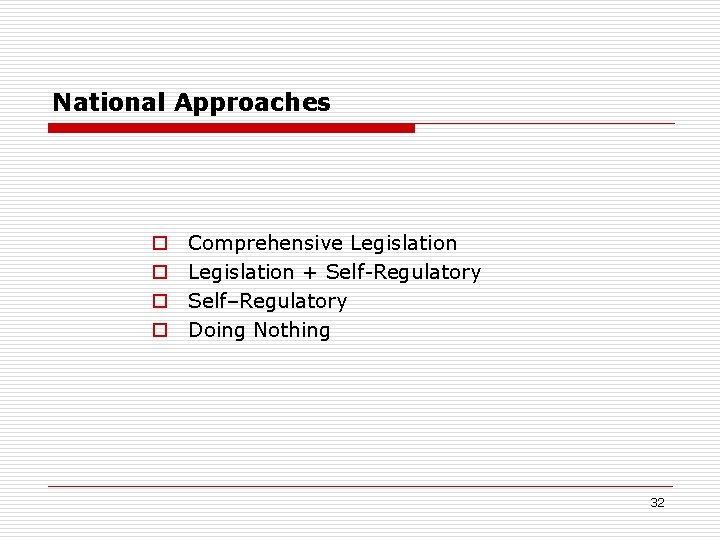National Approaches o o Comprehensive Legislation + Self-Regulatory Self–Regulatory Doing Nothing 32 National Approaches o o Comprehensive Legislation + Self-Regulatory Self–Regulatory Doing Nothing 32