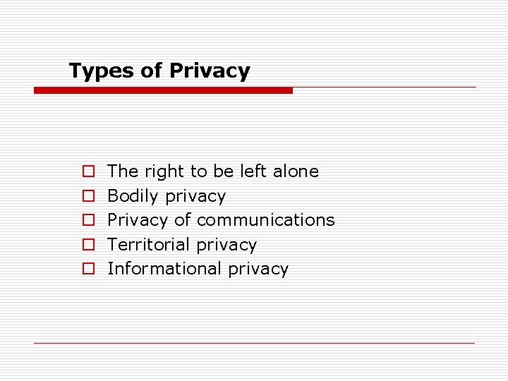 Types of Privacy o o o The right to be left alone Bodily privacy Types of Privacy o o o The right to be left alone Bodily privacy
