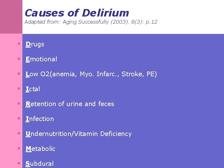 Causes of Delirium Adapted from: Aging Successfully (2003). 8(3): p. 12 § Drugs §