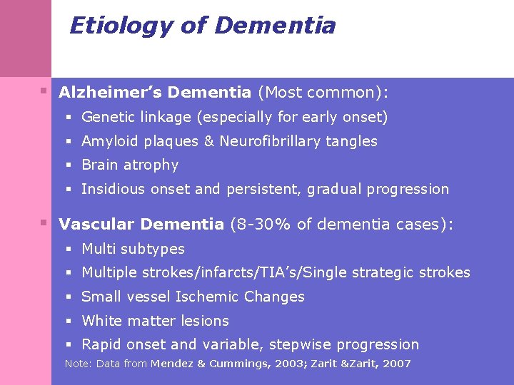 Etiology of Dementia § Alzheimer’s Dementia (Most common): § Genetic linkage (especially for early