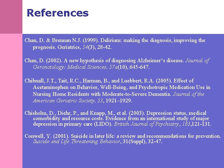 References Chan, D. & Brennan N. J. (1999). Delirium: making the diagnosis, improving the
