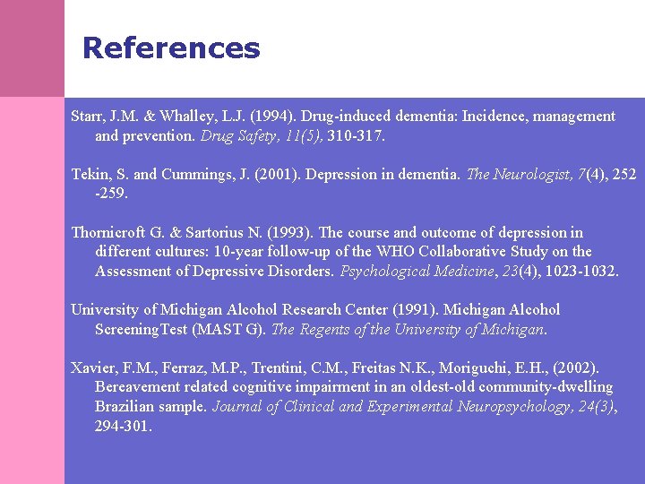 References Starr, J. M. & Whalley, L. J. (1994). Drug-induced dementia: Incidence, management and