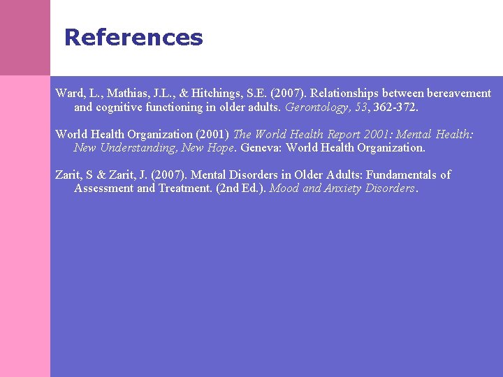 References Ward, L. , Mathias, J. L. , & Hitchings, S. E. (2007). Relationships