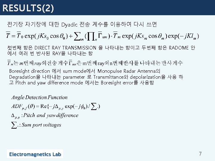 RESULTS(2) 전기장 자기장에 대한 Dyadic 전송 계수를 이용하여 다시 쓰면 첫번째 항은 DIRECT RAY