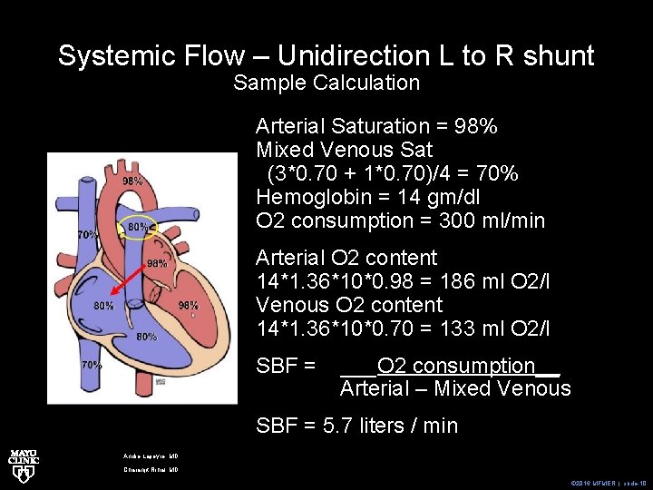 Systemic Flow – Unidirection L to R shunt Sample Calculation Arterial Saturation = 98%