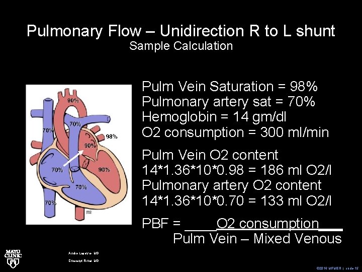 Pulmonary Flow – Unidirection R to L shunt Sample Calculation Pulm Vein Saturation =