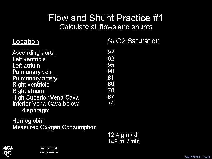Flow and Shunt Practice #1 Calculate all flows and shunts Location % O 2