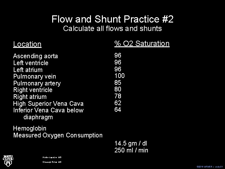 Flow and Shunt Practice #2 Calculate all flows and shunts Location % O 2