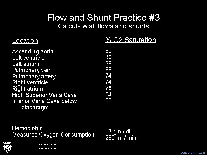 Flow and Shunt Practice #3 Calculate all flows and shunts Location % O 2