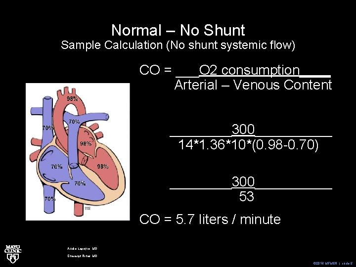 Normal – No Shunt Sample Calculation (No shunt systemic flow) CO = ___O 2