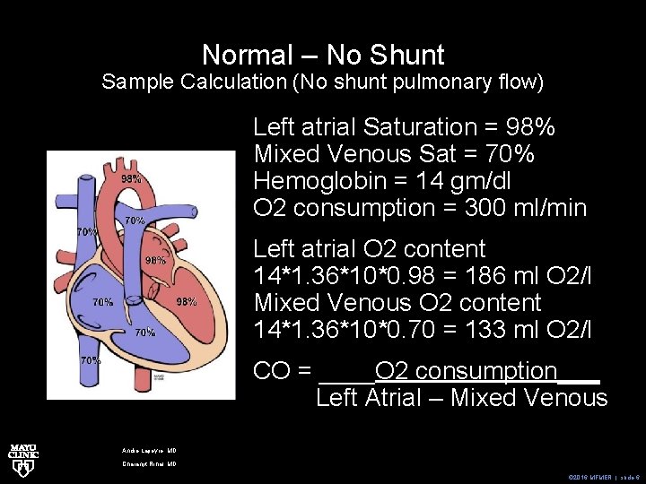 Normal – No Shunt Sample Calculation (No shunt pulmonary flow) Left atrial Saturation =
