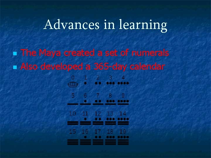 Advances in learning n n The Maya created a set of numerals Also developed