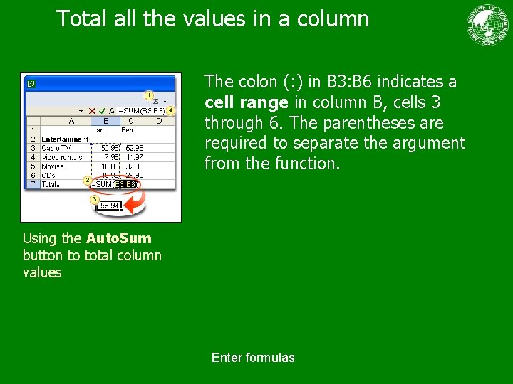 Total all the values in a column The colon (: ) in B 3: