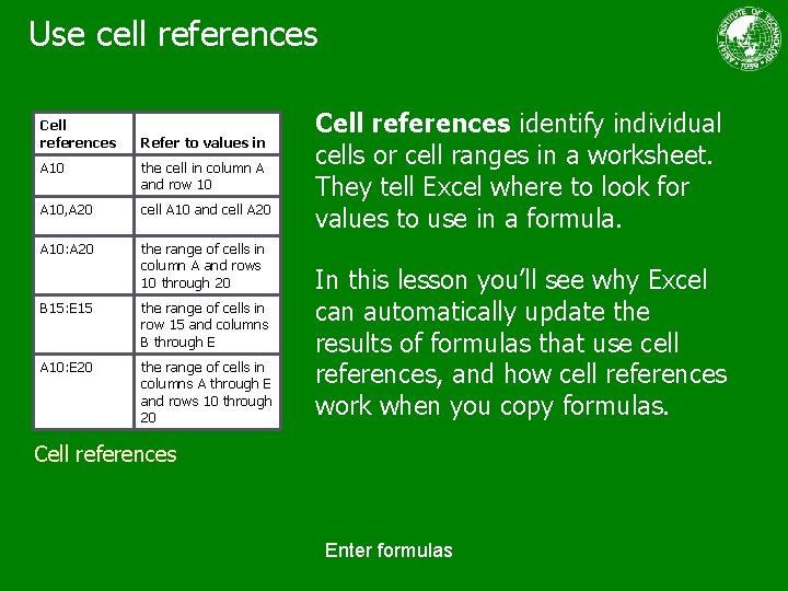 Use cell references Cell references Refer to values in A 10 the cell in