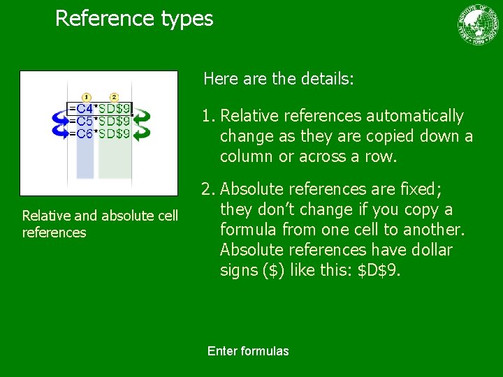 Reference types Here are the details: 1. Relative references automatically change as they are