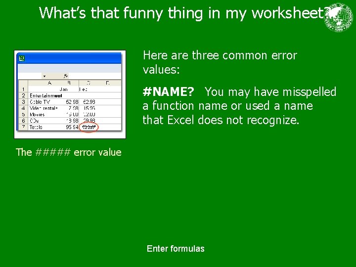 What’s that funny thing in my worksheet? Here are three common error values: #NAME?
