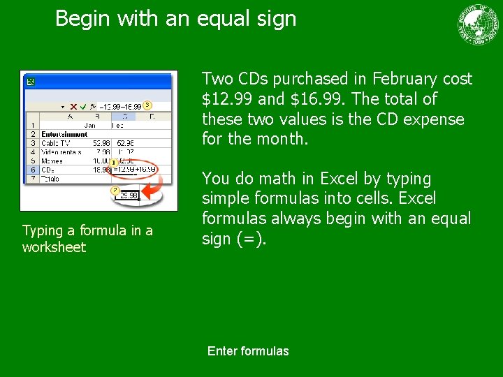 Begin with an equal sign Two CDs purchased in February cost $12. 99 and