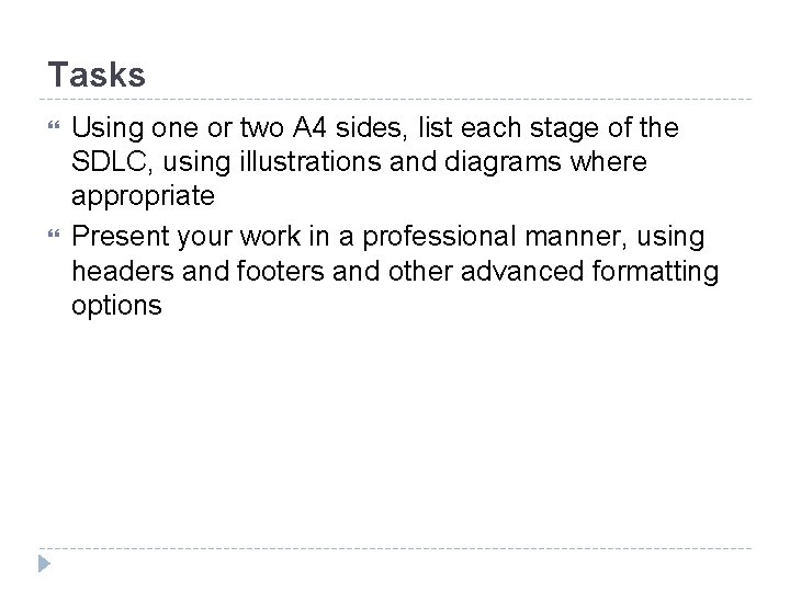 Tasks Using one or two A 4 sides, list each stage of the SDLC,