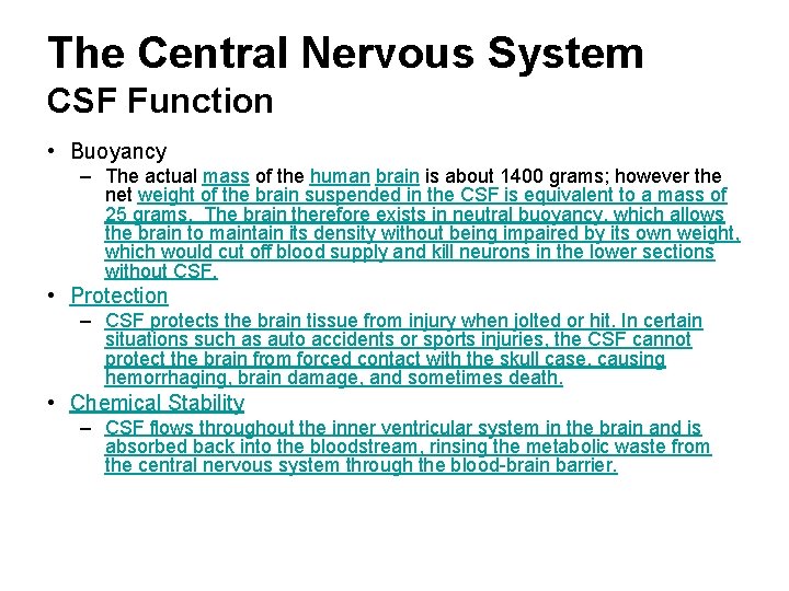 The Central Nervous System CSF Function • Buoyancy – The actual mass of the