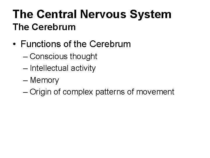 The Central Nervous System The Cerebrum • Functions of the Cerebrum – Conscious thought