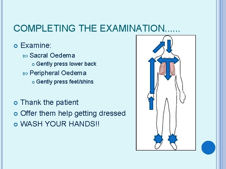 COMPLETING THE EXAMINATION. . . Examine: Sacral Oedema Gently press lower back Peripheral Oedema