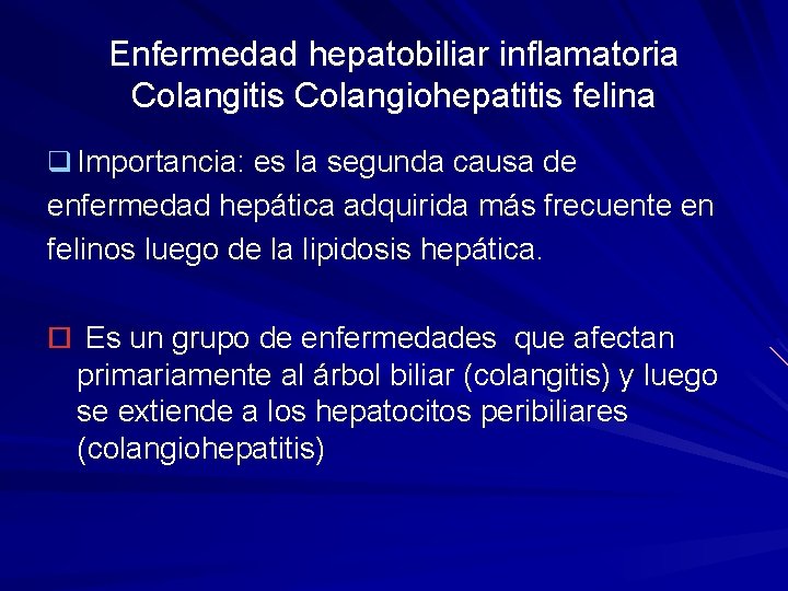 Enfermedad hepatobiliar inflamatoria Colangitis Colangiohepatitis felina q Importancia: es la segunda causa de enfermedad