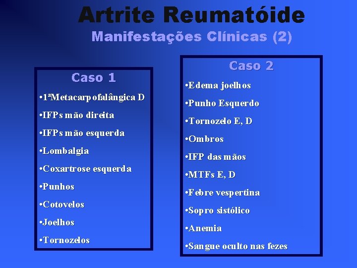 Artrite Reumatóide Manifestações Clínicas (2) Caso 1 • 1ªMetacarpofalângica D • IFPs mão direita