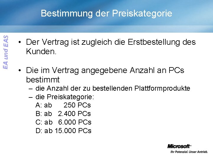 EA und EAS Bestimmung der Preiskategorie • Der Vertrag ist zugleich die Erstbestellung des