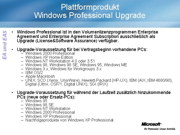 EA und EAS Plattformprodukt Windows Professional Upgrade • Windows Professional ist in den Volumenlizenzprogrammen