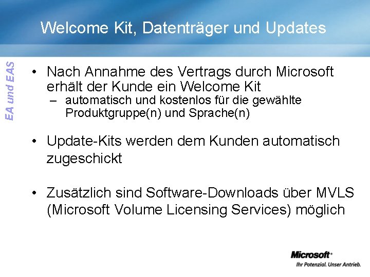 EA und EAS Welcome Kit, Datenträger und Updates • Nach Annahme des Vertrags durch