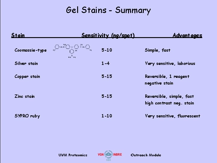 Gel Stains - Summary Stain Sensitivity (ng/spot) Advantages Coomassie-type 5 -10 Simple, fast Silver