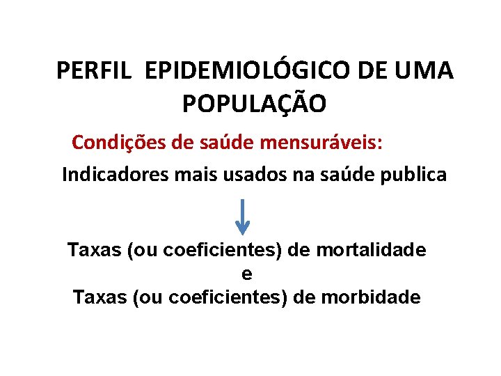 PERFIL EPIDEMIOLÓGICO DE UMA POPULAÇÃO Condições de saúde mensuráveis: Indicadores mais usados na saúde PERFIL EPIDEMIOLÓGICO DE UMA POPULAÇÃO Condições de saúde mensuráveis: Indicadores mais usados na saúde