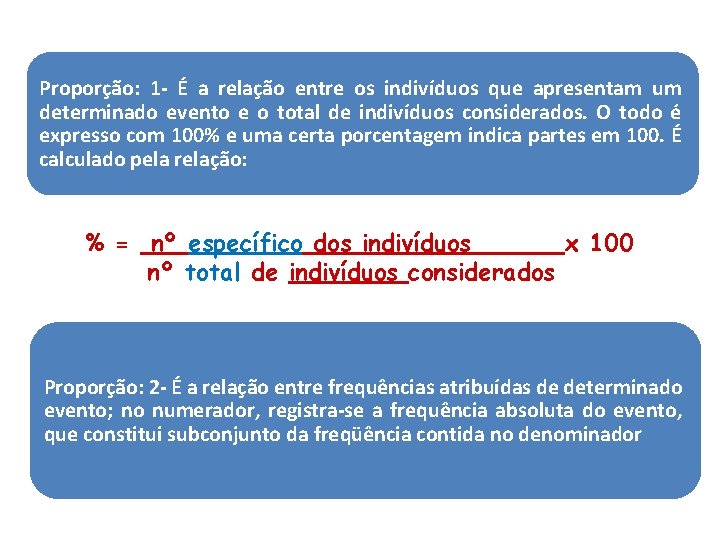 Proporção: 1 - É a relação entre os indivíduos que apresentam um determinado evento Proporção: 1 - É a relação entre os indivíduos que apresentam um determinado evento