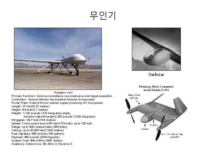 무인기 Darkstar Predator UAV Primary Function: Airborne surveillance reconnaissance and target acquisition Contractor: General