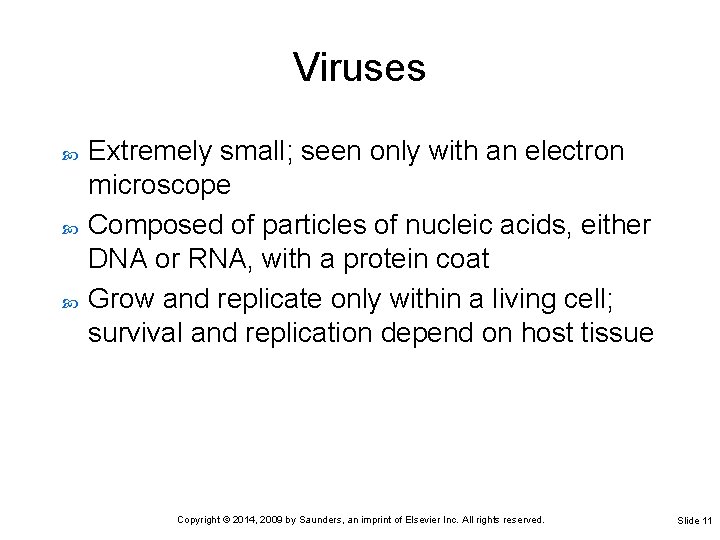 Viruses Extremely small; seen only with an electron microscope Composed of particles of nucleic